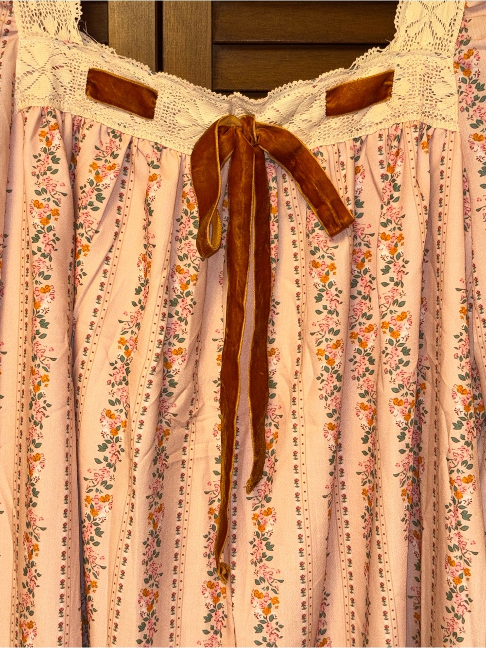 Peach Floral Long-Sleeve Peasant Dress with Velvet Bow & Lace Trim - Picture 2 of 13